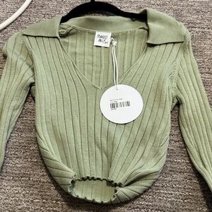 Princess Polly Sage Green Ribbed V-Neck Collared Crop Top